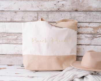 Beach Please Sac de plage en toile de jute 100 % coton