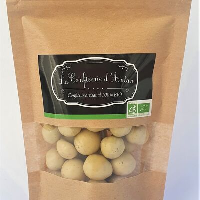Hazelnuts coated with vanilla white chocolate - kraft bag 160 gr - organic