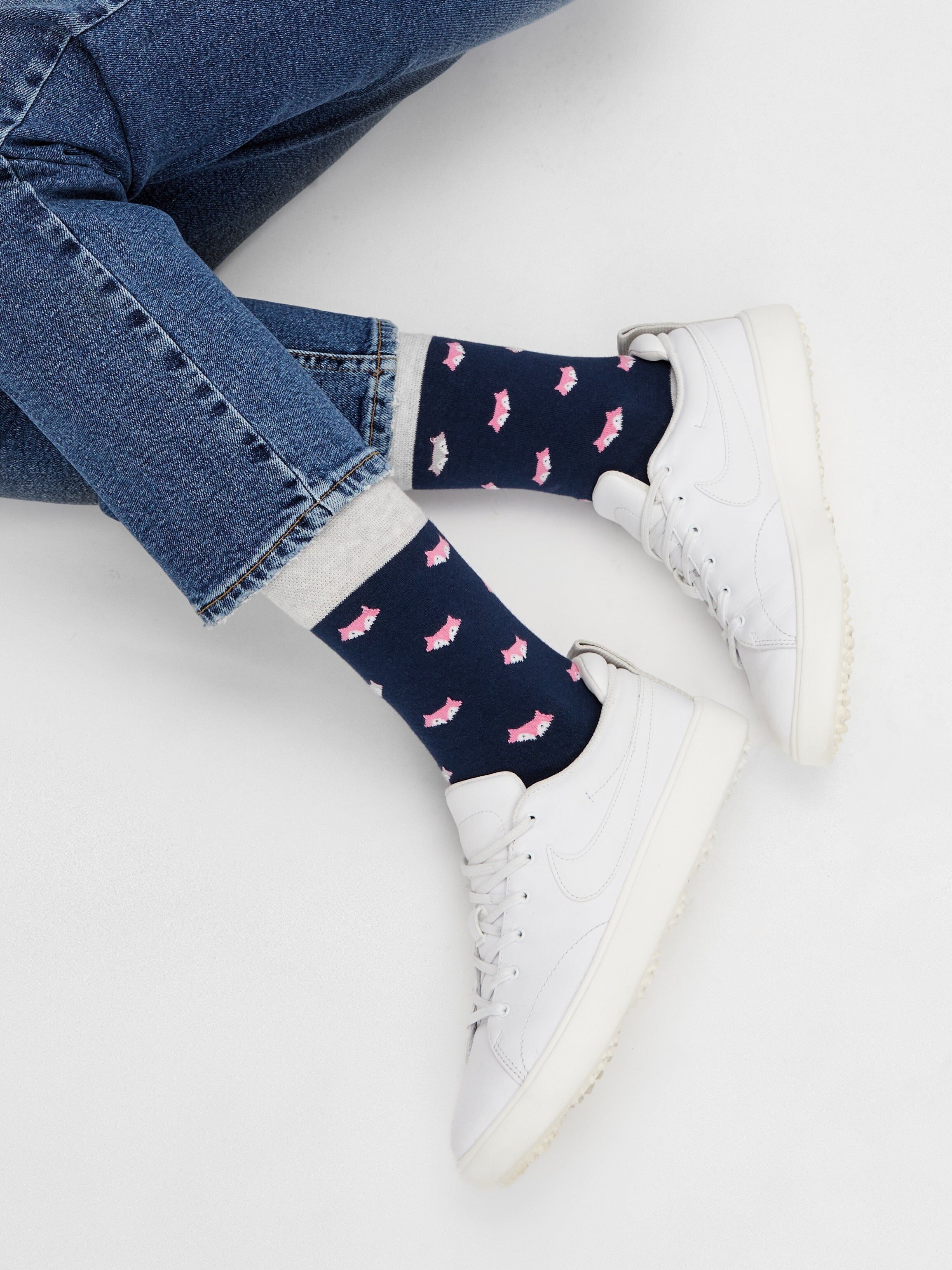 Calzini biologici con volpi - Calzini blu con motivo volpe rosa, Volpi
