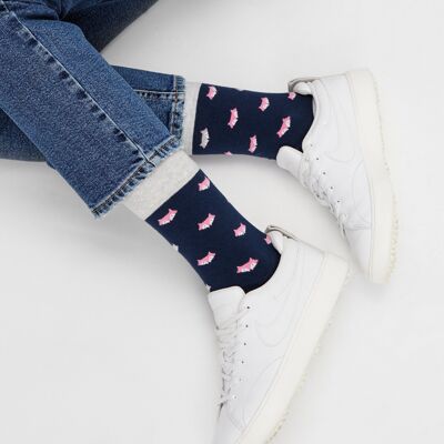 Bio-Socken mit Füchsen - Blaue Socken mit pinkem Fuchsmuster, Foxes