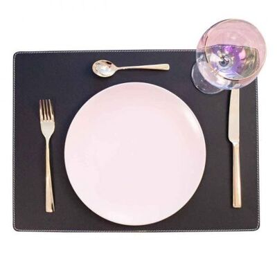 Set de table en cuir, coussin en cuir KANON rectangulaire, noir (couture blanche)