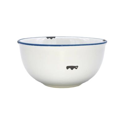 Tinware Tall Bowl - White w/Blue Rim