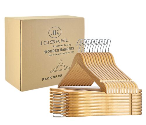 JOSKEL® Wooden Coat Hangers- Pack of 20 Wooden Hangers for Clothes With Non Slip Trouser bar