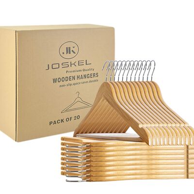 JOSKEL® Kleiderbügel aus Holz - Packung mit 20 Holzbügeln für Kleidung mit rutschfester Hosenstange