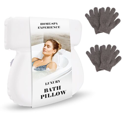 JOSKEL Waterproof Bath Pillow With 2 Pairs of Bamboo Exfoliating Wash Gloves