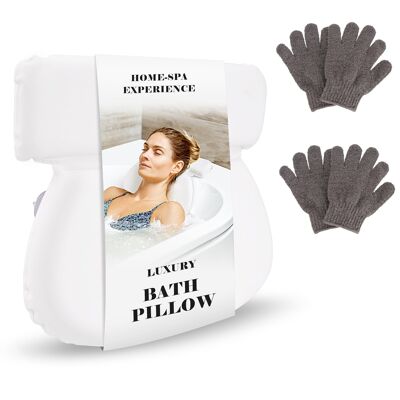 JOSKEL Oreiller de bain imperméable avec 2 paires de gants de toilette exfoliants en bambou