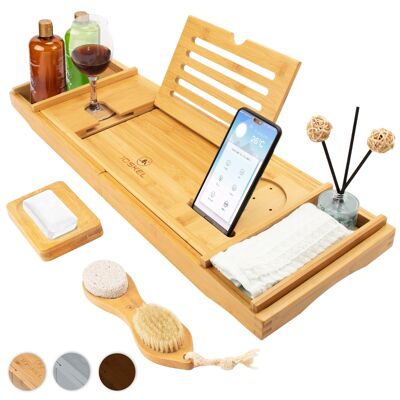 Bamboo Bath Caddy Tray, Foot Brush and Soap Dish- Wooden Rest