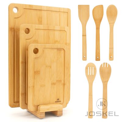JOSKEL Wooden Chopping Board Sets of 3, Plus Stand Rack and 5 piece Utensils
