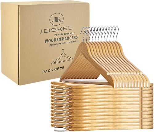 JOSKEL® Wooden Coat Hangers- Pack of 25 Wooden Hangers for Clothes With Non Slip Trouser bar