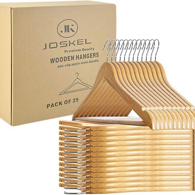 Perchas de Madera JOSKEL® - Pack de 25 Perchas de Madera para Ropa con Barra Antideslizante para Pantalones
