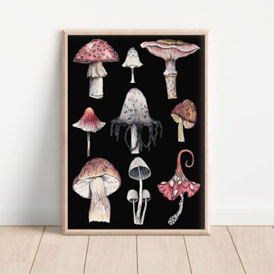 Stampa artistica di funghi selvatici A4 nero