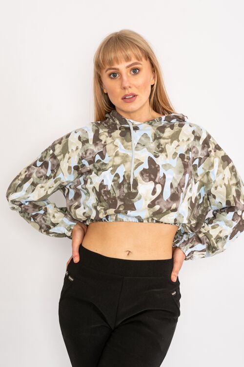 Blue camouflage drawstring cropped hoodie