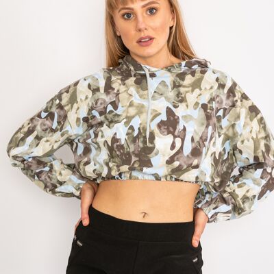 Blue camouflage drawstring cropped hoodie