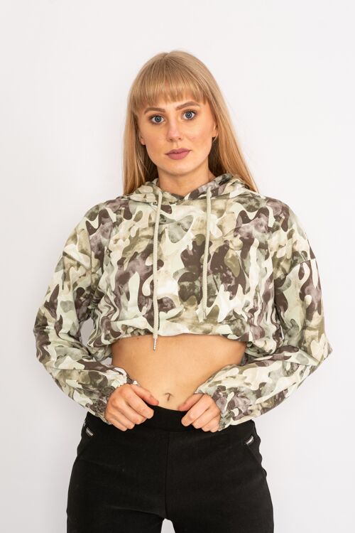 Green camouflage drawstring cropped hoodie