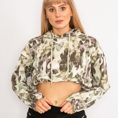 Kurzer Kapuzenpullover mit grünem Camouflage-Muster und Kordelzug