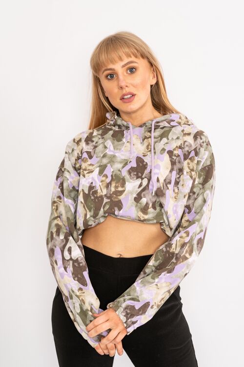 Lilac camouflage drawstring cropped hoodie