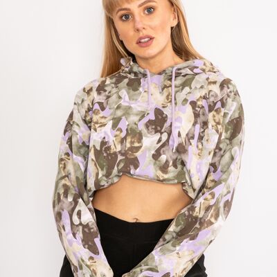 Lilac camouflage drawstring cropped hoodie