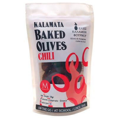 Kalamata-Oliven, gebackener, gesunder Snack, Geschmack Chili