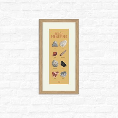 Beach Pebble Finds - Print + oak frame , Slim A3, 148.5 x 420 mm