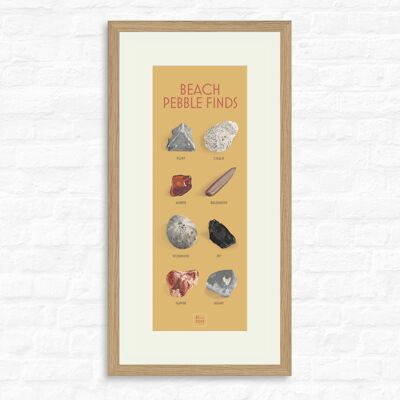 Beach Pebble Finds - Print + oak frame , slimline-a2