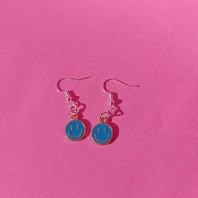 Mini Blue Smiley Face Earrings- Silver Plated