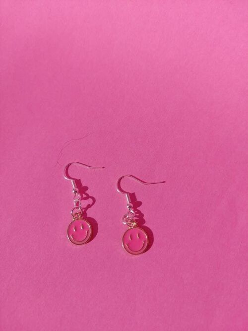 Mini Hot Pink Smiley Face Earrings- Silver Plated