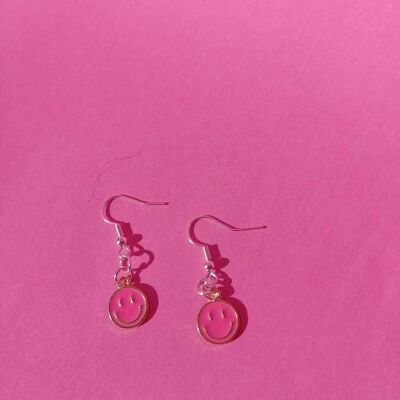 Boucles d'Oreilles Mini Visage Smiley Rose Vif - Plaqué Argent