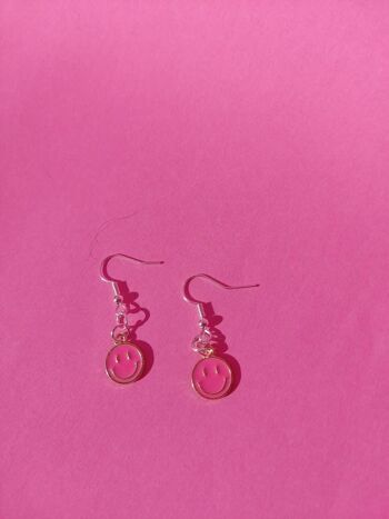 Boucles d'Oreilles Mini Visage Smiley Rose Vif - Plaqué Argent