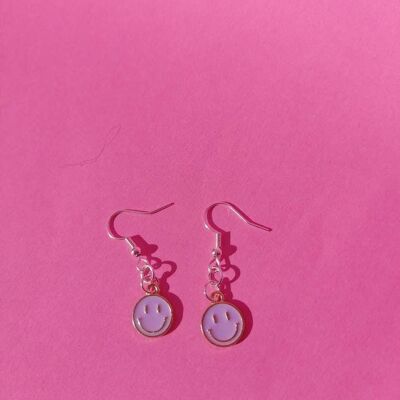 Mini Pastel Purple Smiley Face Earrings- Silver Plated