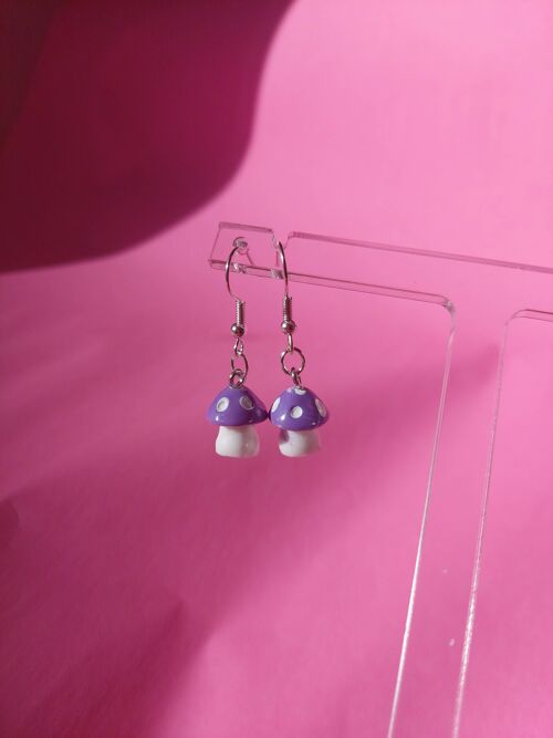 Mini Purple Mushroom Earrings Silver Plated