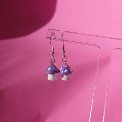 Boucles d'Oreilles Mini Champignon Violet Plaqué Argent