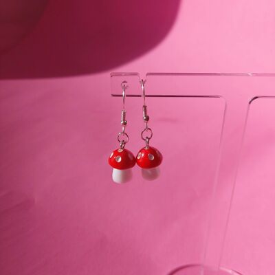 Mini Red Mushroom Earrings Silver Plated