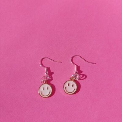 Mini White Smiley Face Earrings- Silver Plated
