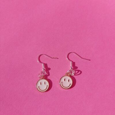 Boucles d'Oreilles Mini Visage Smiley Blanc - Plaqué Argent