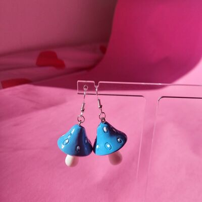 Boucles d'oreilles champignon bleu pastel en argent sterling