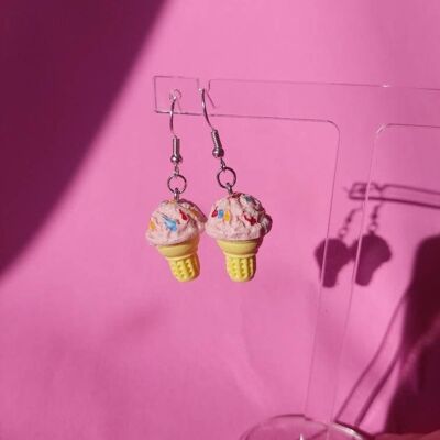 Pastel Pink and Rainbow Ice Cream Earrings Silver Plated