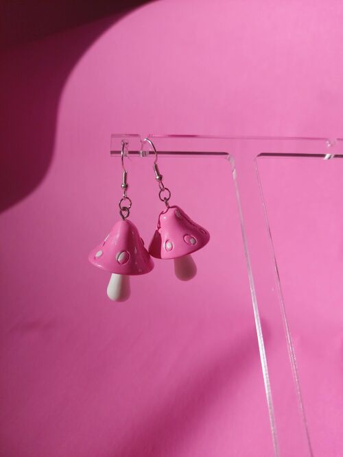 Pastel Pink Mushroom Earrings Silver Plated