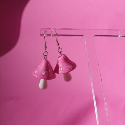 Pastel Pink Mushroom Earrings Silver Plated