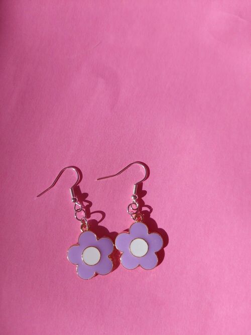 Purple and White Flower Earrings Sterling Silver