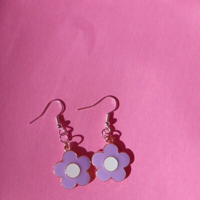 Purple and White Flower Earrings Silver Plated
