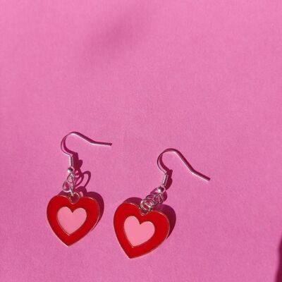 Red and Pink Love Heart Earrings Silver Plated