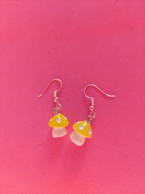 Yellow Mini Mushroom Earrings// Clip on Silver Fae Cottage Silver Plated