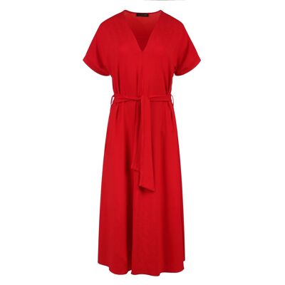 Red Jersey Belted Midi Dress