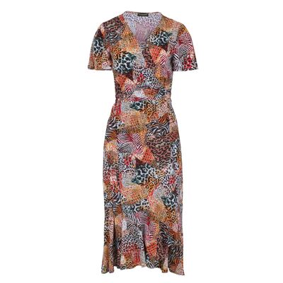 Orange Animal Print Ruffle Detail Wrap Dress