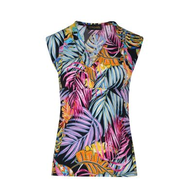 Fuchsia Summer V Neck top in print stretch jersey fabric.