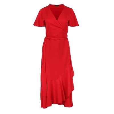 Red Ruffle Detail Wrap Dress