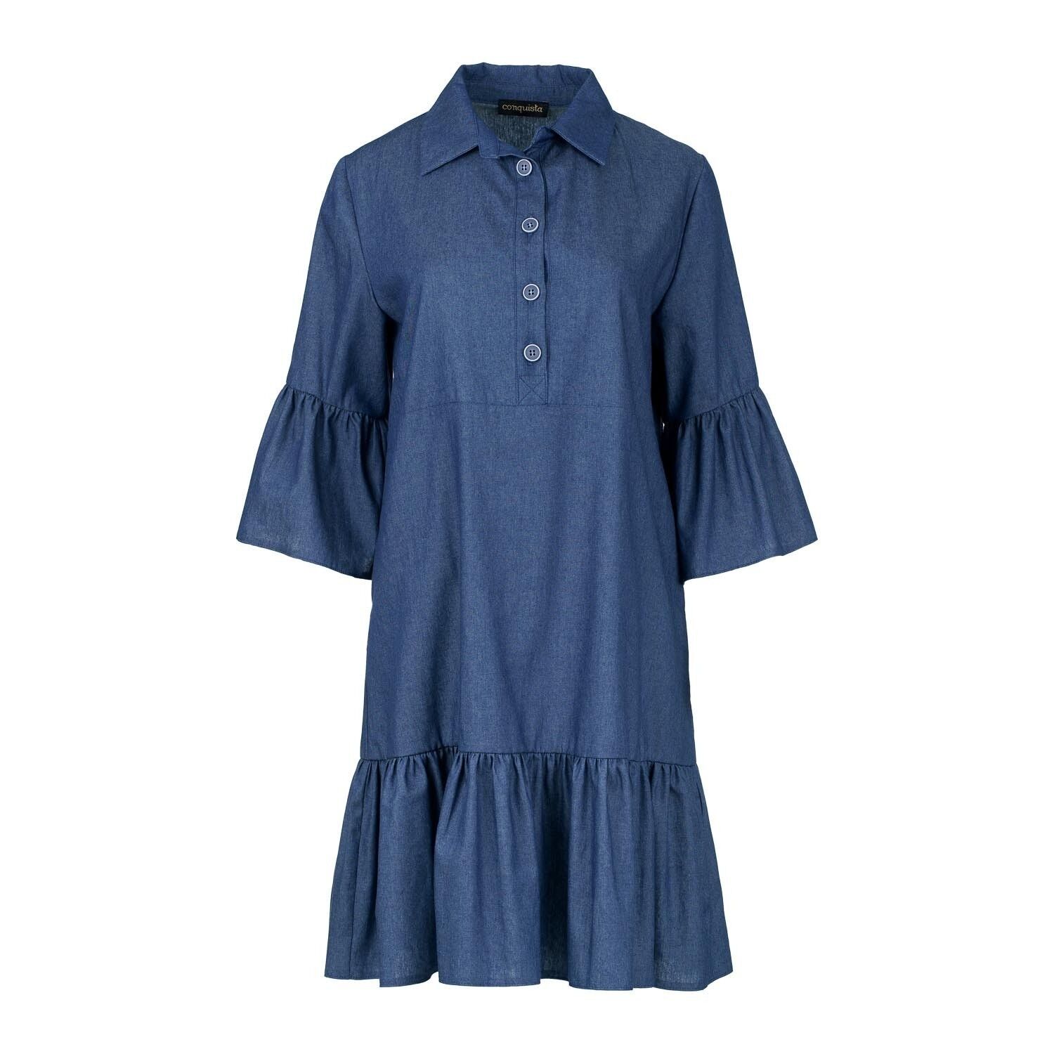 Denim-Kleid mit Glockenärmeln und Rüschensaum