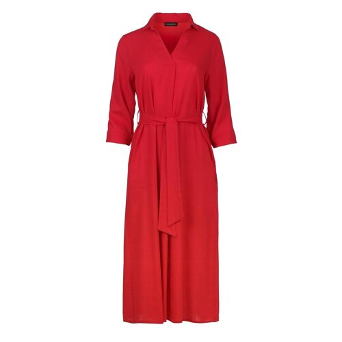 Red Linen Style Midi Dress with Belt