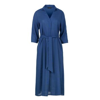 Robe mi-longue bleue style lin avec ceinture 1