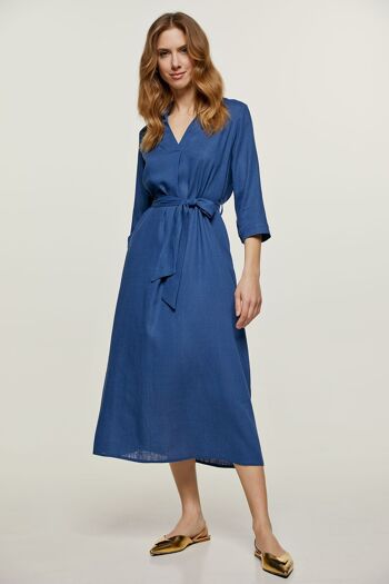 Robe mi-longue bleue style lin avec ceinture 2